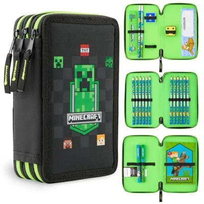 Image of Minecraft Filled Pencil Case for Kids with Multiple Compartments, Stationery Included School Supplies (Black AOP)