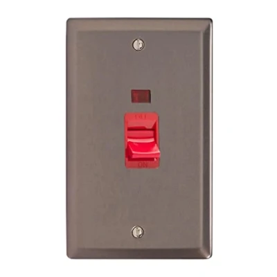 Image of Varilight 45A Cooker Switch + Neon (Vertical Twin Plate, Red Rocker) Pewter XR45N