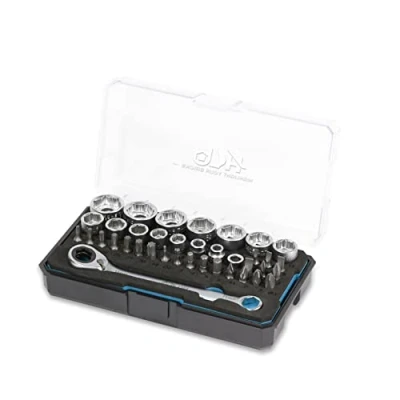 Image of HB Pass Thru Low Profile 120 Tooth Reversible Ratchet wrench, Non slip socket, for Rounded/Standard bolts, TORX Bits with portable case EVA tray 38 piece Socket set, Made in Taiwan AGM025 G