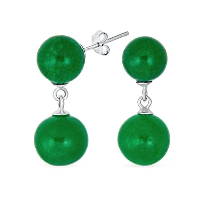Image of Classic Simple Gemstone Dangle Double Round Genuine Green Jade 2 Drop Ball Earrings For Women .925 Sterling Silver 10MM