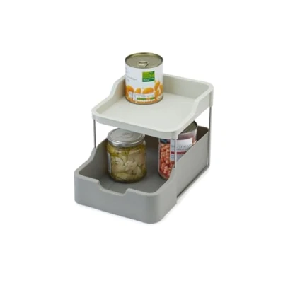 Image of Joseph Duo 2 tier Cupboard Organiser with Drawer, Kitchen and Storage for Spices, Packets Cans, Grey