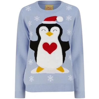 Image of Tokyo Laundry Women&#039;s Penguin Hug LED Light Up Christmas Jumper Powder Blue 14