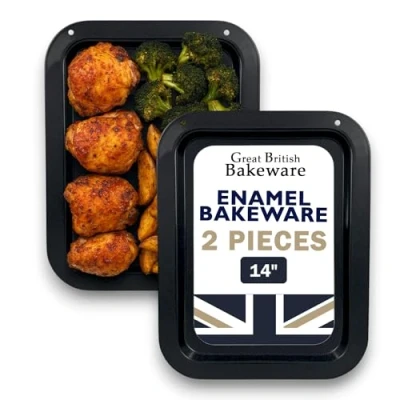 Image of Chabrias Ltd Set of 2 x Large 36cm Vitreous Enamel Oven Roasting Baking Trays UK Made