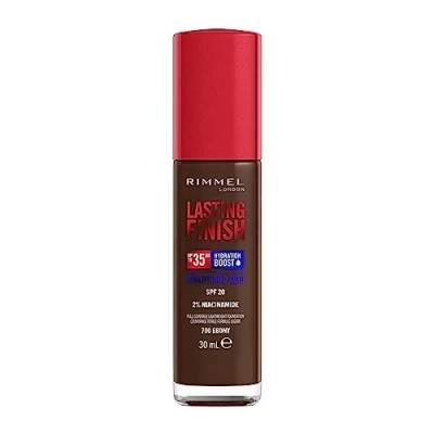 Image of Rimmel Lasting Finish 35Hr Foundation 700 Ebony, Full Coverage, Hydrating, SPF20, Hyaluronic Acid, Vitamin E, 2% Niacinamide, All Day Wear, Vegan, Cruelty Free