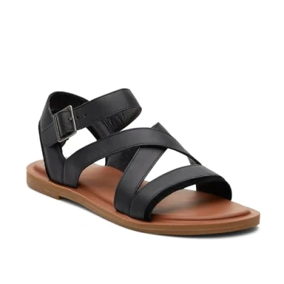 Image of TOMS Women&#039;s Sloane Flat Sandal, Black Leather/Suede, 7.5 UK