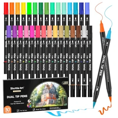 Image of Shuttle Art Dual Tip Brush Pens Markers, 30 Colors Calligraphy Fine and Markers Set Perfect for Kids Adult Artist Hand Lettering Journal Doodling Writing