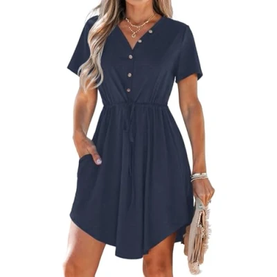 Image of AUSELILY Summer Dresses for Women UK Casual V Neck Short Sleeve Drawstring Midi with Pockets Navy Blue 2XL