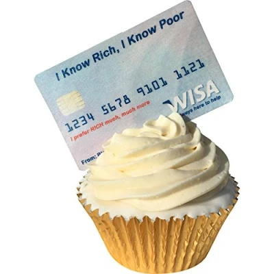 Image of Pack of 6 Pre Cut Full Sized Edible Wafer Credit Card Decorations I Know Rich, Poor. Wisa Debit / Toppers (not Visa!)