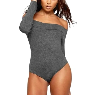 Image of Best Look Womens Off Shoulder Long Sleeve Plain Stretch Bardot Bodysuit Leotard Top (Charcoal, 8 10)
