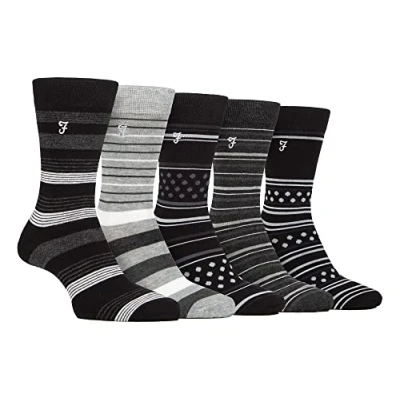 Image of Farah Mens 5 Pack Natural Organic Bamboo Bright Striped Patterned Socks (6 11, Charcoal/Black)