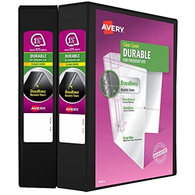 Image of Avery Durable Clear View 3 Ring Binders, 1.5 Inch Slant Rings, 2 Pack of Black Binders (19300)