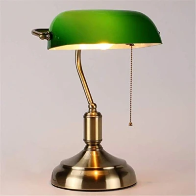 Image of Desk Lamp Study Office Retro Traditional Lighting Bedside Reading Green Thick Glass Shade Plating Antique Brass Metal Base Bankers Table E27 with Pull Line Switch