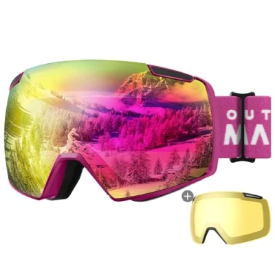 Image of OutdoorMaster Heron Ski Goggles with 2 Lens, Frameless, Magnetic Interchangeable HD Toric OTG Snowboard Goggles(RoseFrame RevoPink Vlt 13% + YellowLens)