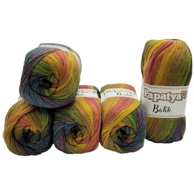 Image of Ilkadim Export 5 x 100 g Knitting Yarn Papatya Batik Multicoloured with Colour Gradient, 500 Wool Colourful, Gradient (Purple Petrol Ochre ua 554 43)