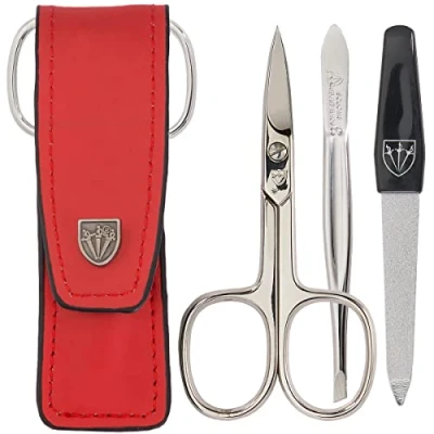 Image of 3 Swords Germany brand quality piece manicure pedicure grooming kit set for professional finger &amp; toe nail care scissors file genuine leather case in gift box, Made by (004185)