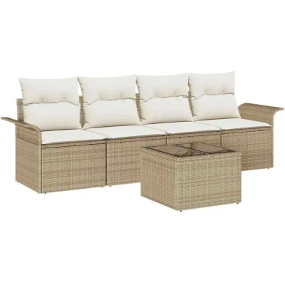 Image of vidaXL 5 Piece Garden Sofa Set with Cushions Beige Poly Rattan.