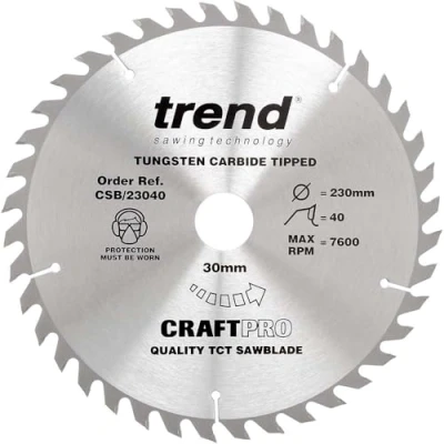 Image of Trend Wood Circular Saw Blade, 230mm Diameter, 30mm Bore, 40 Teeth, TCT, 2.6mm Kerf, +15 Hook, CSB/23040