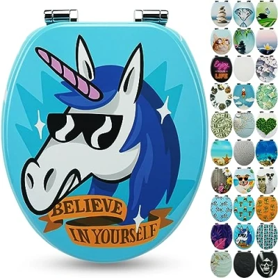 Image of SANFINO® Premium Toilet Seat with Soft Close Wooden Lid, lots of colourful and decorative designs, high seating comfort, easy to install including instructions Funky Unicorn