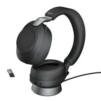 Image of Jabra Evolve2 85 Wireless PC Headset With Charging Stand Noise Cancelling UC Certified Stereo Headphones Long Lasting Battery USB A Bluetooth Adapter Black