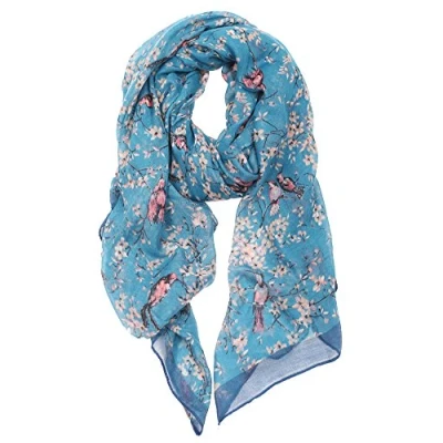Image of DiaryLook Women Lightweight Scarf Blue Neck Gifts for Ladies Bird Long Scarves Floral Design Shawl Wrap,Blue