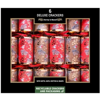 Image of Harvey &amp; Mason Box 6 Deluxe Recyclable Christmas Crackers Red, Brown Gold Robin Design