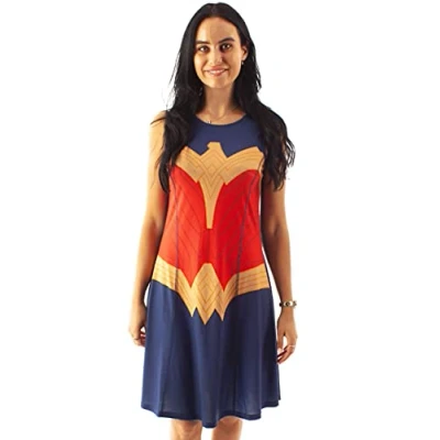 Image of DC Comics Wonder Woman Dress for Women Cosplay Red OR Blue Options Ladies Fancy Party Outfit Gifts XL