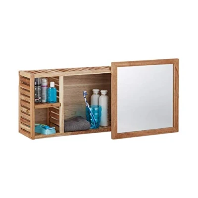 Image of Relaxdays Mirror Bathroom Cabinet, Walnut Wood, Sliding Mirror, Oiled 80 cm Long, Natural Brown, Wood