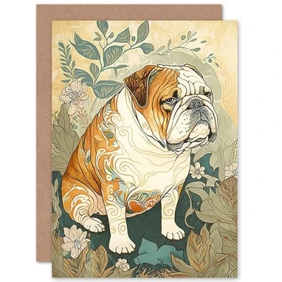 Image of Artery8 Bulldog with Ornate Pattern Fur Coat in Flower Field Modern Watercolour Illustration Art Birthday Sealed Greeting Card Plus Envelope Blank inside