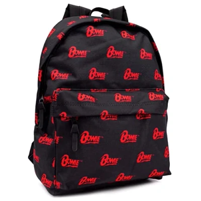 Image of David Bowie Backpack For Adults &amp; Teens Music Band Festival School Rucksack 16 Black Red Logo OAP Bag With Adjustable Straps One Size