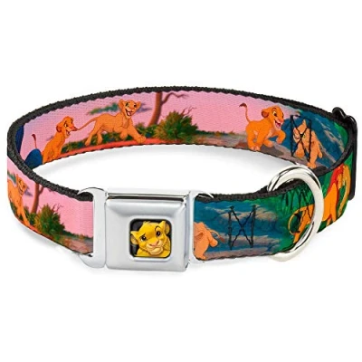 Image of Buckle Down Dog Collar Seatbelt Lion King Simba Nala Growing Up Scenes 13 to 18 Inches 1.5 Inch Wide