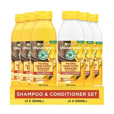 Image of Garnier Shampoo &amp; Conditioner Set by Ultimate Blends,Nourishing Banana Hair Food for Dry Hair,98 Percent Natural Origin Ingredients, 3 x 350ml and Conditioner,100% Vegan Formula