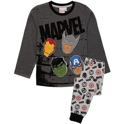 Image of Marvel Avengers Boys Pyjama Set Kids Grey Superhero Loungewear T Shirt &amp; Pants PJ Bundle Iron Man Thor Hulk Captain America Long Sleeve Tee Leg Bottoms Pajama Nightwear Merchandise Gift