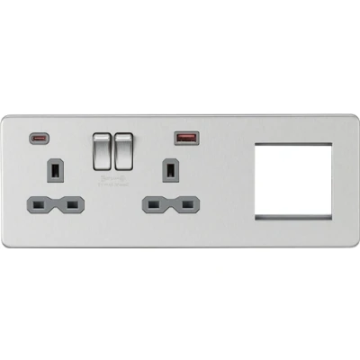 Image of KnightsBridge Screwless 13A 2G DP Socket with USB Fastcharge + Modular Plate Brushed Chrome, Grey Insert