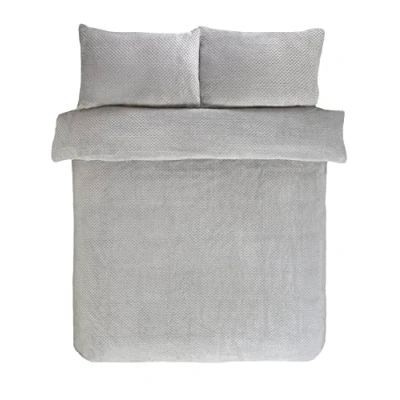 Image of Sleepdown Waffle Teddy Fleece Silver Warm And Cosy Reversible Soft Duvet Cover Quilt Bedding Set With Pillowcases Double (200cm x 200cm)