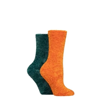 Image of Elle Ladies Super Soft Silky Cosy Chenille Leisure Socks Pack of 2 Size 4 8 in Assorted Colours (UK, Numeric, 4, 8, Regular, Marmalade)