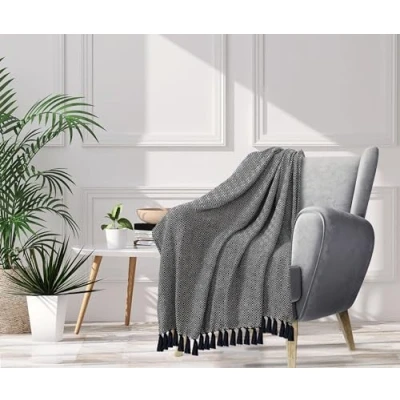 Image of EHC Throws for Sofas 1 Seater Bed, Armchair Couch Chair, Reversible Throw Cotton, 125 x 150 cm, Black
