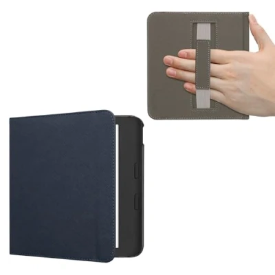 Image of kwmobile Case Compatible with Kobo Libra Colour Synthetic Leather e Reader Cover Strap Dark Blue