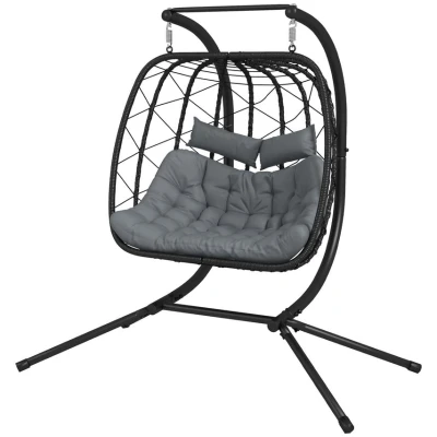 Image of Outsunny Outdoor PE Rattan 2 Seaters Swing Chair with Thick Padded Cushion, Patio Hanging Egg Metal Stand, Headrest, for Indoor and Outdoor, Black