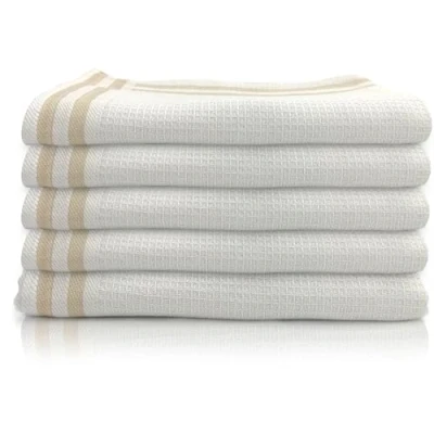 Image of LivinEase Tea Towels for Kitchen 100% Cotton Pack of 5 (50 x 70 cm) Set Absorbent T (White Brown Stripes)