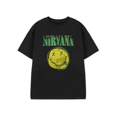 Image of Nirvana Kids Black Short Sleeved T Shirt Yellow Logo Graphic Tee for Children Grunge Music Band Unisex Apparel Teens Vintage Style Youth Top Rock Merchandise Gift
