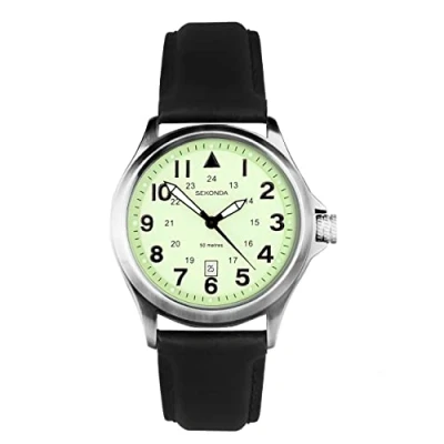 Image of Sekonda Altitude Men&#039;s 43mm Quartz Watch in Green with Analogue Display, and Black Leather Strap 30094