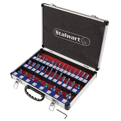 Image of 35 Piece Router Bits Set Carbide Woodworking Tool Kit for Home Improvement Includes Allen Wrench and Aluminum Carrying Case by Stalwart (Silver)