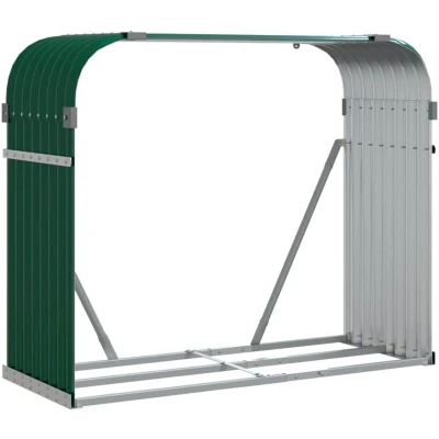 Image of vidaXL Green Galvanised Steel Log Holder Firewood Rack Sturdy Outdoor/Indoor Wood Storage Stand 120x45x100 cm with Wall Hooks