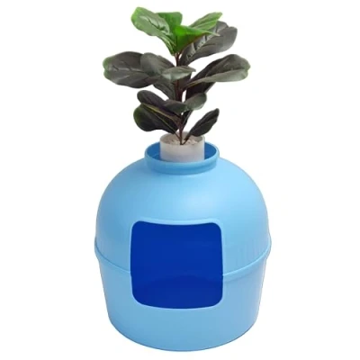 Image of RHRQuality Kattenbak Flower XXL Verborgen Kattentoilet Voor Grote Katten Met Ingang (51 cm) &amp; Afneembare Bovenzijde Fris Blauw