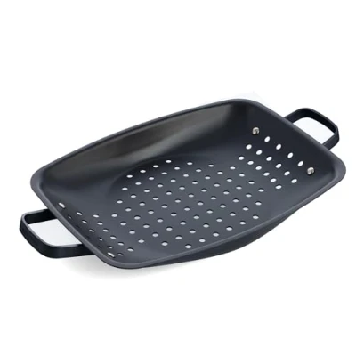 Image of Merten &amp; Storck Carbon Steel BBQ Perforated Roasting Pan, 30cm x 35cm, Perforations for Oil and Fat Drainage, Barbecue, Camping, Grill, Outdoor Cooking, Black