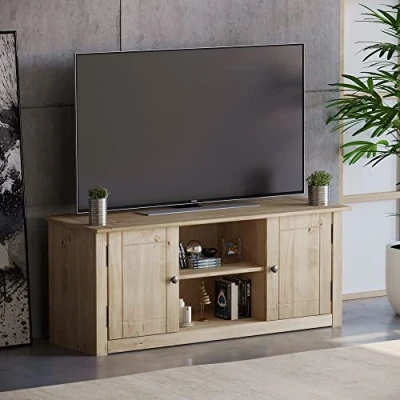 Image of Vida Designs Panama 2 Door 1 Shelf Flat Screen TV Unit, Living Room Furniture, Solid Pine Wood, Wax Finish