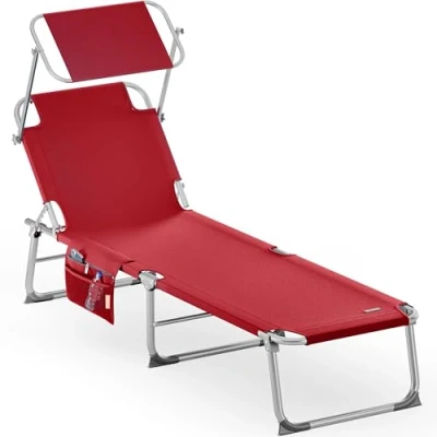 Image of CASARIA® Ibiza Folding Sun Lounger with Adjustable Canopy Weatherproof Aluminium Frame Carrying Handle 190x59x29cm 150kg Capacity Garden Beach Shade Bed Compact Ruby Red