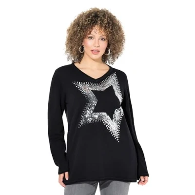 Image of Ulla Popken Women&#039;s Pullover, Pailletten Stern, V Ausschnitt, Langarm Sweater, Black, 28 UK/30 UK