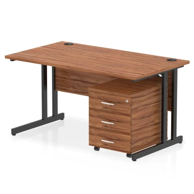 Image of Impulse 1400x800 Desk Walnut/Black Cantilever Leg 3 Drawer Mobile Ped