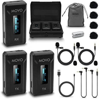 Image of Movo WMX 2 DUO Dual Wireless Lavalier Microphone System with Charging Case, Onboard Mics, Clip on Lapel 7HR Battery, 100m Range, Adjustable Gain, LED Display for Camera, Smartphone, Video